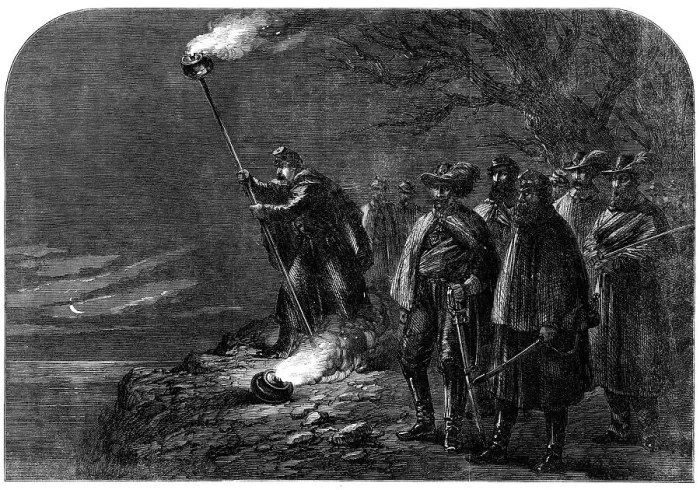 Framed Print : The War in America: a night alarm in the Federal camp - signalling from the right bank... 1862. Creator: Unknown Framed Print : The War in America: a night alarm in the Federal camp - signalling from the right bank... 1862. Creator: Unknown