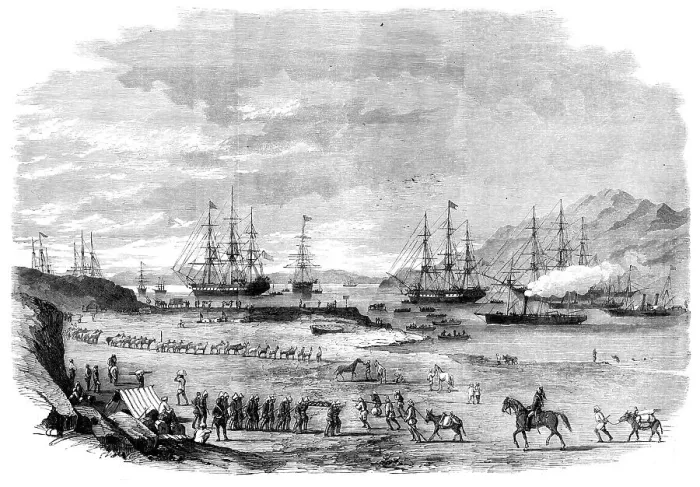 Framed Print : The War in China - departure from Hockly Pier, Odin Bay, of the Sikh Cavalry and troops... 1860. Creator: Unknown Framed Print : The War in China - departure from Hockly Pier, Odin Bay, of the Sikh Cavalry and troops... 1860. Creator: Unknown