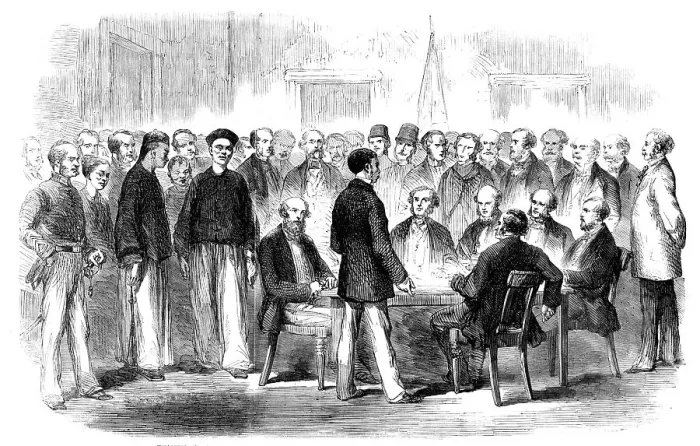 Framed Print : The War in China - Examination at the Police-Office, Victoria, Hong-Kong, of Esing... 1857. Creator: Marciano Antonio Baptista Framed Print : The War in China - Examination at the Police-Office, Victoria, Hong-Kong, of Esing... 1857. Creator: Marciano Antonio Baptista