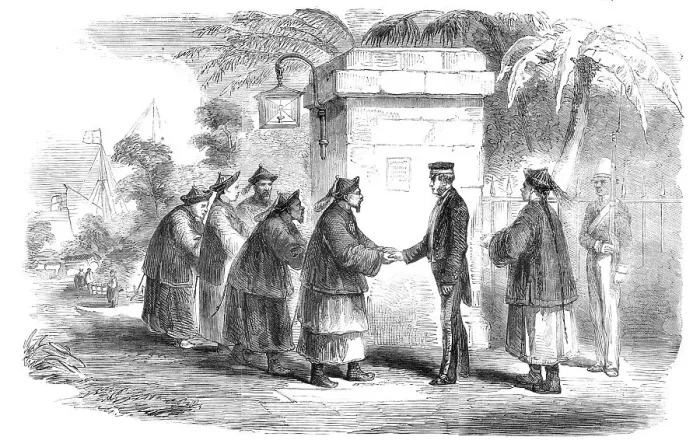Framed Print : The War with China - Mr. Consul Parkes bidding Adieu to the Old Co-Hong Mandarins, 1857. Creator: Unknown Framed Print : The War with China - Mr. Consul Parkes bidding Adieu to the Old Co-Hong Mandarins, 1857. Creator: Unknown