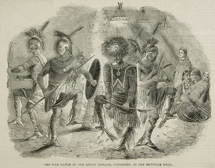 Framed Print : The War Dance of the Ioway Indians, exhibiting at the Egyptian Hall, 1844. Creator: Unknown Framed Print : The War Dance of the Ioway Indians, exhibiting at the Egyptian Hall, 1844. Creator: Unknown