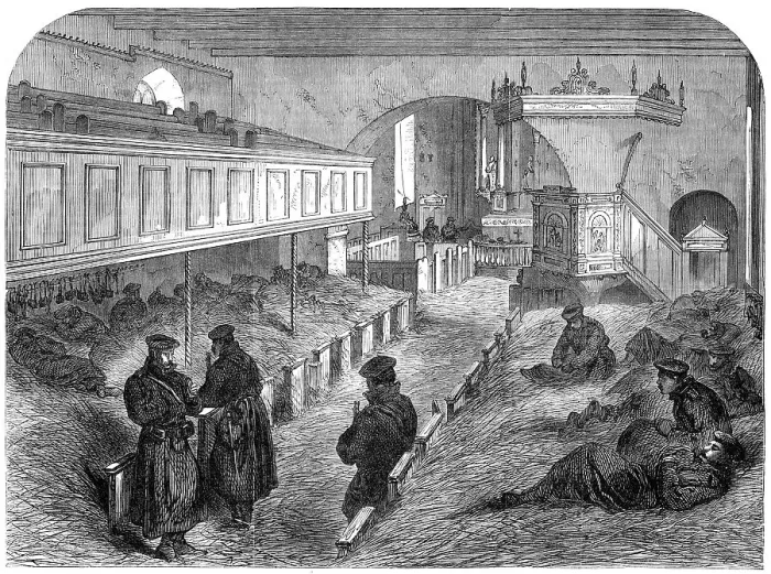 Framed Print : The War in Denmark: interior of West Düppel Church, used by Prussian soldiers as a dormitory, 1864. Creator: Unknown Framed Print : The War in Denmark: interior of West Düppel Church, used by Prussian soldiers as a dormitory, 1864. Creator: Unknown