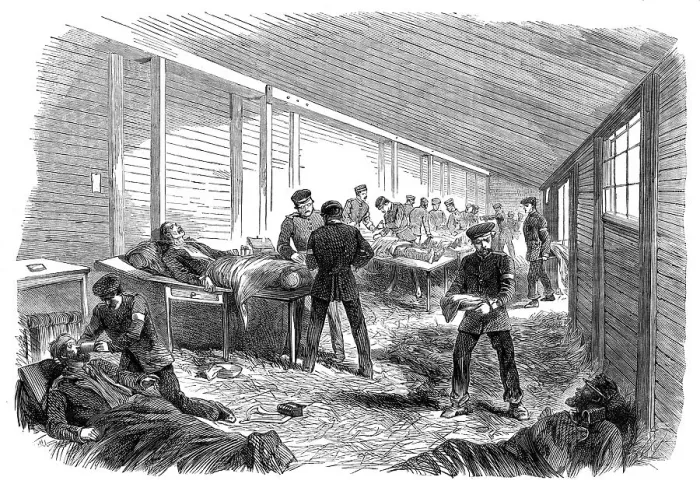 Framed Print : The War in Denmark: temporary field hospital...scene in the amputating hut... 1864. Creator: Unknown Framed Print : The War in Denmark: temporary field hospital...scene in the amputating hut... 1864. Creator: Unknown