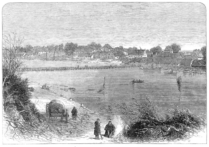 Framed Print : The War in Denmark: village of Eckersünde and bridge of boats... 1864. Creator: Unknown Framed Print : The War in Denmark: village of Eckersünde and bridge of boats... 1864. Creator: Unknown