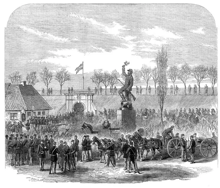 Framed Print : The War in Denmark:Fredericia - Danish soldiers marching out to meet the Austrians, 1864. Creator: Unknown