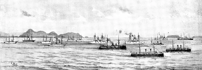 Framed Print : The War in Eastern Asia: men-of-war anchored off Chefoo - a sketch from the shore, 1895. Creator: George Meisenbach Framed Print : The War in Eastern Asia: men-of-war anchored off Chefoo - a sketch from the shore, 1895. Creator: George Meisenbach