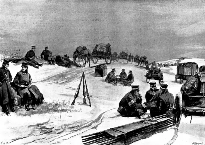 Framed Print : The War in Eastern Asia: a scene on the road to Wei-Hai-Wei: resting the horses, 1895. Creator: George Meisenbach