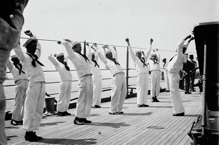Framed Print : War game drill on USS Seattle, between c1910 and c1915. Creator: Bain News Service Framed Print : War game drill on USS Seattle, between c1910 and c1915. Creator: Bain News Service