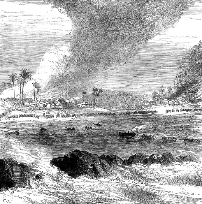 Framed Print : The War on the Gold Coast: destruction of the villages of Ampenee and Akimfoo, October 14, 1873. Creator: Unknown Framed Print : The War on the Gold Coast: destruction of the villages of Ampenee and Akimfoo, October 14, 1873. Creator: Unknown
