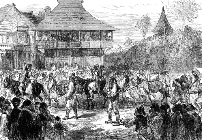 Framed Print : The War in the Herzegovina: Bashi-Bazouks leaving Baynaluka for Swina... 1876. Creator: Unknown Framed Print : The War in the Herzegovina: Bashi-Bazouks leaving Baynaluka for Swina... 1876. Creator: Unknown
