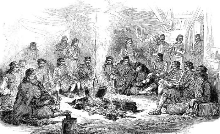 Framed Print : The War in the Herzegovina: Council of War at Peco Pavlovitch's Camp, from a sketch by... 1876. Creator: Unknown Framed Print : The War in the Herzegovina: Council of War at Peco Pavlovitch's Camp, from a sketch by... 1876. Creator: Unknown
