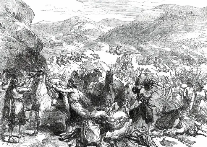 Framed Print : The War in the Herzegovina: insurgents surprising a Turkish convoy...1876. Creator: Unknown Framed Print : The War in the Herzegovina: insurgents surprising a Turkish convoy...1876. Creator: Unknown