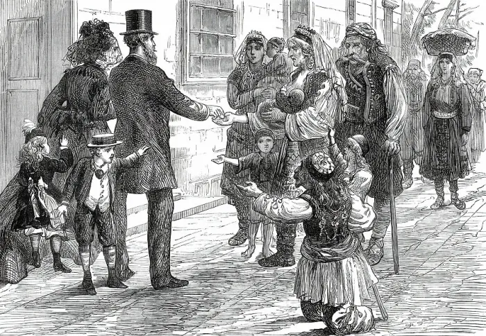 Framed Print : The War in the Herzegovina: Refugees begging outside an hotel at Ragusa, 1876. Creator: Unknown Framed Print : The War in the Herzegovina: Refugees begging outside an hotel at Ragusa, 1876. Creator: Unknown