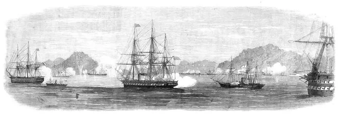 Framed Print : The War in Japan: action of Sept. 5, in the Strait of Simonosaki, 1864. Creator: Edwin Weedon Framed Print : The War in Japan: action of Sept. 5, in the Strait of Simonosaki, 1864. Creator: Edwin Weedon