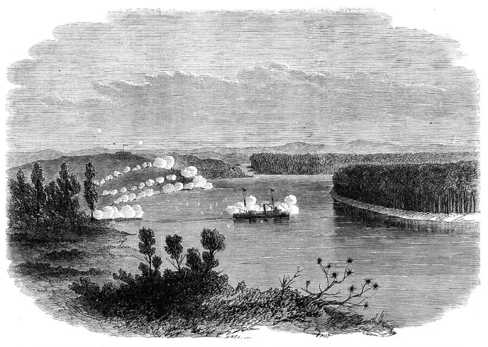 Framed Print : The War in New Zealand: the gun-boat Pioneer at anchor off Meremere, on the Waikato River... 1864. Creator: Unknown Framed Print : The War in New Zealand: the gun-boat Pioneer at anchor off Meremere, on the Waikato River... 1864. Creator: Unknown