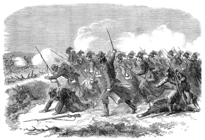 Framed Print : The War in Schleswig: the Battle of Over-Selk - from a sketch by our special artist, 1864. Creator: Unknown Framed Print : The War in Schleswig: the Battle of Over-Selk - from a sketch by our special artist, 1864. Creator: Unknown