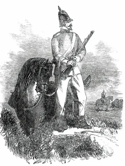 Framed Print : The War in Schleswig - Outpost Duty - the Vidette - Holstein Cavalry-Man, 1850. Creator: Unknown Framed Print : The War in Schleswig - Outpost Duty - the Vidette - Holstein Cavalry-Man, 1850. Creator: Unknown