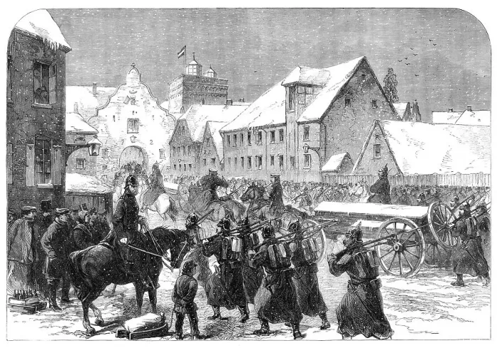 Framed Print : The War in Schleswig: Prussian ammunition-train entering Flensburg - by our special artist, 1864. Creator: Unknown Framed Print : The War in Schleswig: Prussian ammunition-train entering Flensburg - by our special artist, 1864. Creator: Unknown