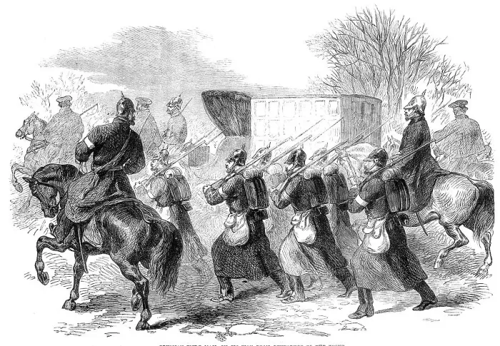 Framed Print : The War in Schleswig: Prussian field mail on its way from Rendsburg to the front, 1864. Creator: Unknown Framed Print : The War in Schleswig: Prussian field mail on its way from Rendsburg to the front, 1864. Creator: Unknown