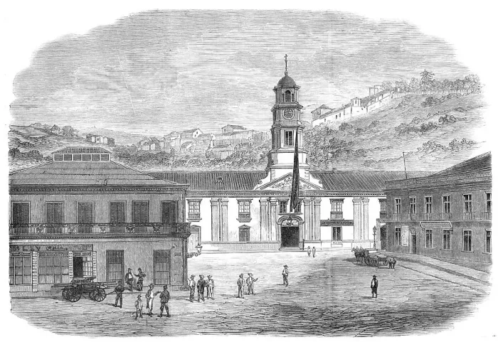 Framed Print : War between Spain and Chili: Plaza de la Intendencia at Valparaiso, where war...was proclaimed, 1865 Creator: Unknown Framed Print : War between Spain and Chili: Plaza de la Intendencia at Valparaiso, where war...was proclaimed, 1865 Creator: Unknown