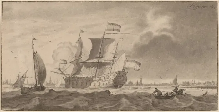 Framed Print : War Vessel in the Y, 1768. Creators: Cornelis Ploos van Amstel, Bernhard Schreuder Framed Print : War Vessel in the Y, 1768. Creators: Cornelis Ploos van Amstel, Bernhard Schreuder