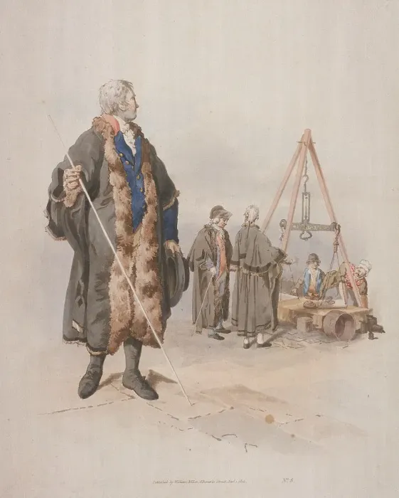 Framed Print : Ward Beadle in civic costume, holding a staff, at a Wardmote Inquest, 1805. Artist