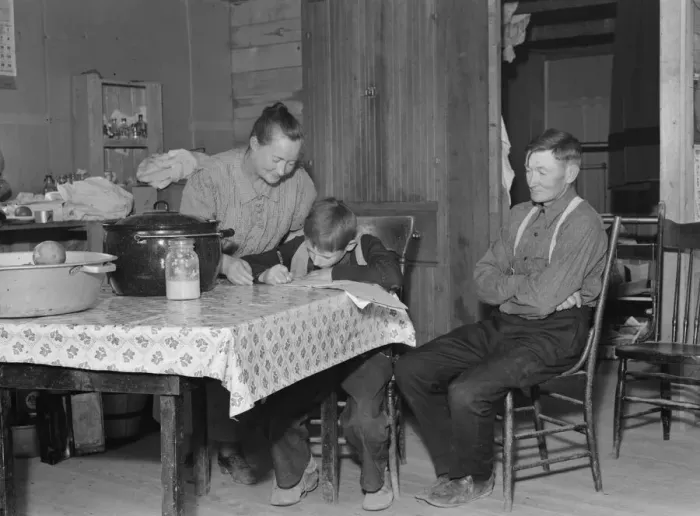 Framed Print : The Wardlow family in their dugout basement home on Sunday, Dead Ox Flat, Oregon, 1939. Creator: Dorothea Lange Framed Print : The Wardlow family in their dugout basement home on Sunday, Dead Ox Flat, Oregon, 1939. Creator: Dorothea Lange