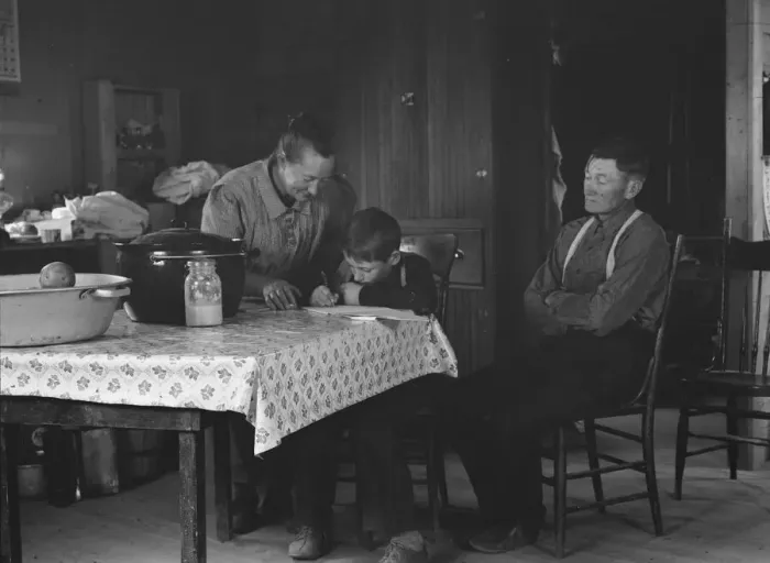 Framed Print : The Wardlow family in their dugout basement home on Sunday, Dead Ox Flat, Oregon, 1939. Creator: Dorothea Lange Framed Print : The Wardlow family in their dugout basement home on Sunday, Dead Ox Flat, Oregon, 1939. Creator: Dorothea Lange