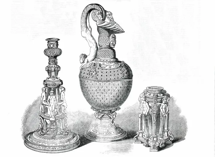 Framed Print : Ware of Henry II. of France - Candlestick, Ewer, Salt-Cellar, 1850. Creator: Unknown Framed Print : Ware of Henry II. of France - Candlestick, Ewer, Salt-Cellar, 1850. Creator: Unknown