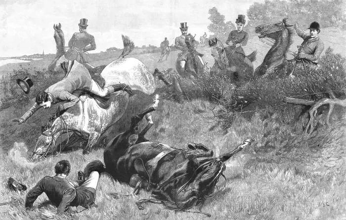 Framed Print : Ware Wire!'- An incident in the Hunting Field, 1890. Creator: Unknown Framed Print : Ware Wire!'- An incident in the Hunting Field, 1890. Creator: Unknown