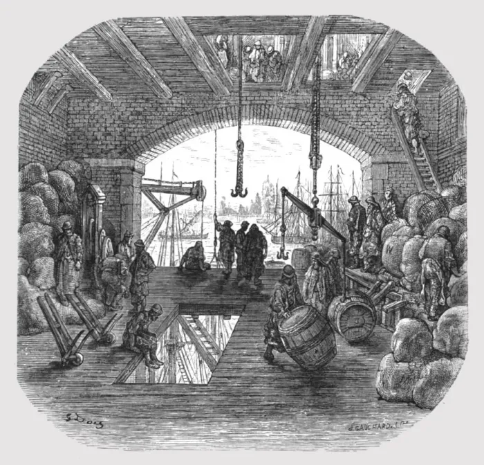Framed Print : Warehouses by the Thames, 1872. Creator: Gustave Doré Framed Print : Warehouses by the Thames, 1872. Creator: Gustave Doré