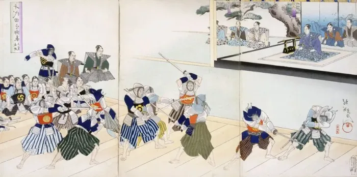 Framed Print : Warlord watches Samurai practising their Swordplay, 19th Century. Creator: Japanese School Framed Print : Warlord watches Samurai practising their Swordplay, 19th Century. Creator: Japanese School