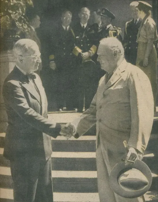 Framed Print : Warm Handshake Between Premier and President, 1945 Framed Print : Warm Handshake Between Premier and President, 1945
