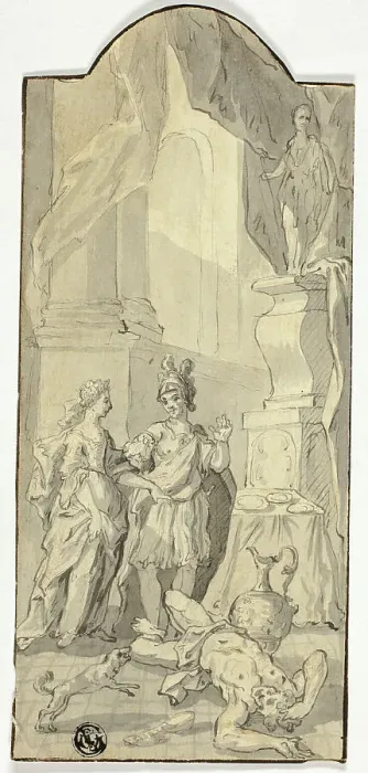 Framed Print : Warrior Conversing with Lady in Banquet, with Dead Man at Their Feet, n.d. Creator: Unknown Framed Print : Warrior Conversing with Lady in Banquet, with Dead Man at Their Feet, n.d. Creator: Unknown