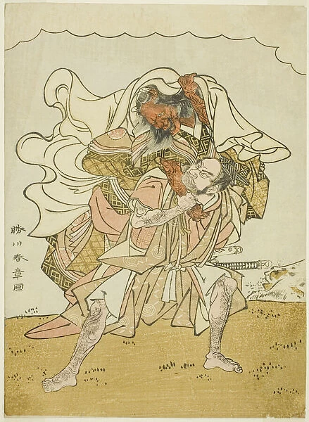 The Warrior Omori Hikoshichi Carrying a Female Demon on His Back, Japan, c. 1772. Creator: Shunsho