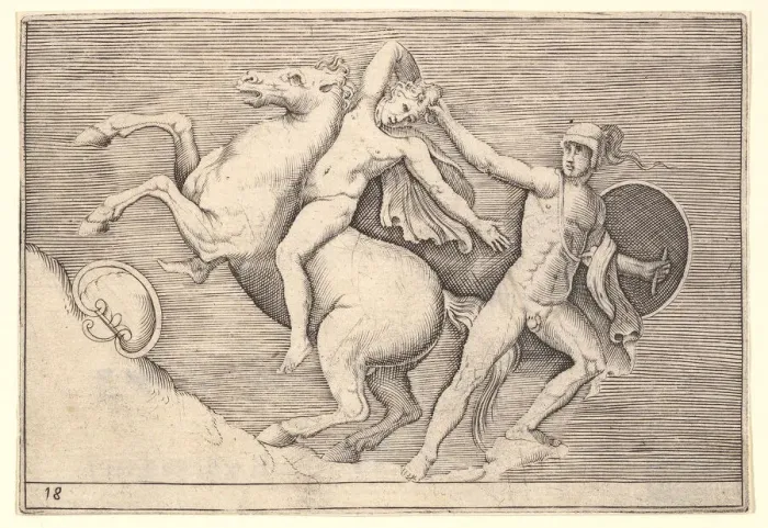 Framed Print : Warrior Pulling a Rider from His Horse, from Ex Antiquis Camorum et Ge Framed Print : Warrior Pulling a Rider from His Horse, from Ex Antiquis Camorum et Ge
