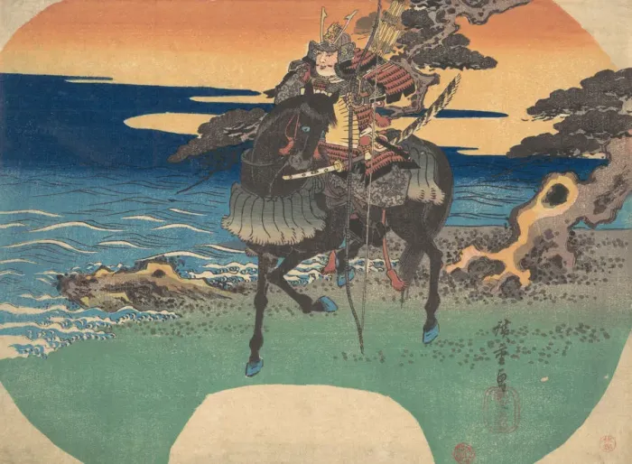 Framed Print : Warrior Riding Black Horse along the Sea Shore, ca. 1835. ca. 1835. Creator: Ando Hiroshige Framed Print : Warrior Riding Black Horse along the Sea Shore, ca. 1835. ca. 1835. Creator: Ando Hiroshige