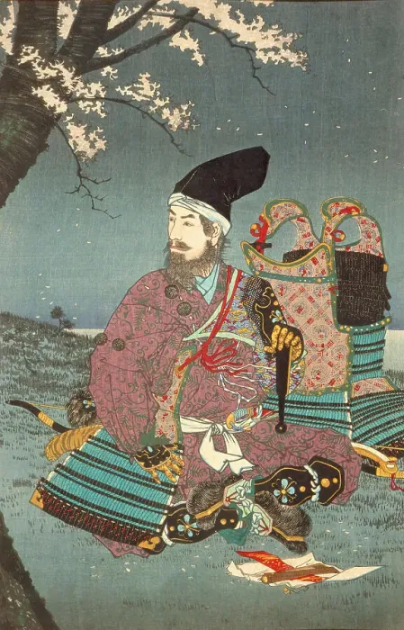 Framed Print : Warrior Taira-no-Tadanori about to Sleep under a Cherry Tree (image 2 of 3), 1884. Creator: Kobayashi Kiyochika Framed Print : Warrior Taira-no-Tadanori about to Sleep under a Cherry Tree (image 2 of 3), 1884. Creator: Kobayashi Kiyochika