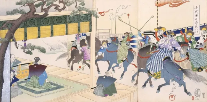 Framed Print : Warriors playing a kind of polo, 19th Century. Creator: Japanese School (19th century)