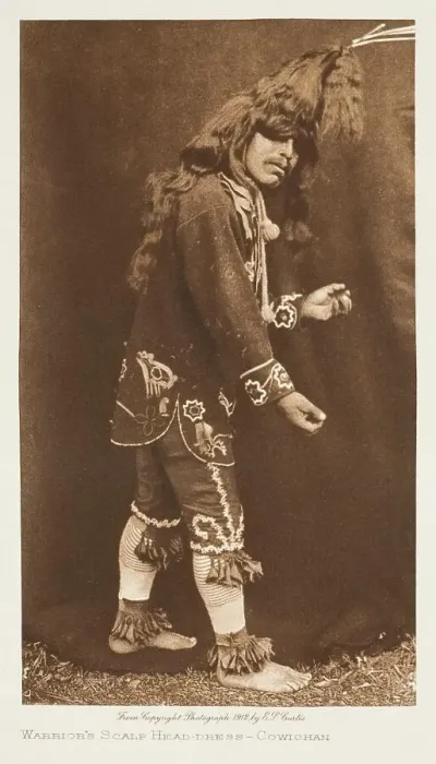 Framed Print : Warrior's Scalp Head-Dress-Cowichan, 1912. Creator: Edward Sheriff Curtis Framed Print : Warrior's Scalp Head-Dress-Cowichan, 1912. Creator: Edward Sheriff Curtis