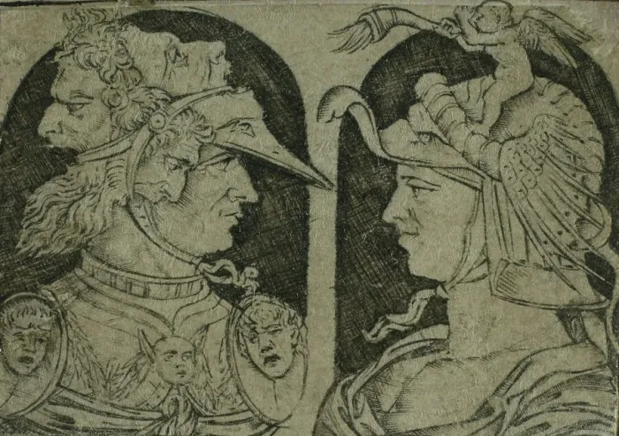 Framed Print : Two Warriors, One with a Winged Genie on His Helmet, 1475 / 1500. Creator: School of Maso Finiguerra Italian, 1426-1464 Framed Print : Two Warriors, One with a Winged Genie on His Helmet, 1475 / 1500. Creator: School of Maso Finiguerra Italian, 1426-1464