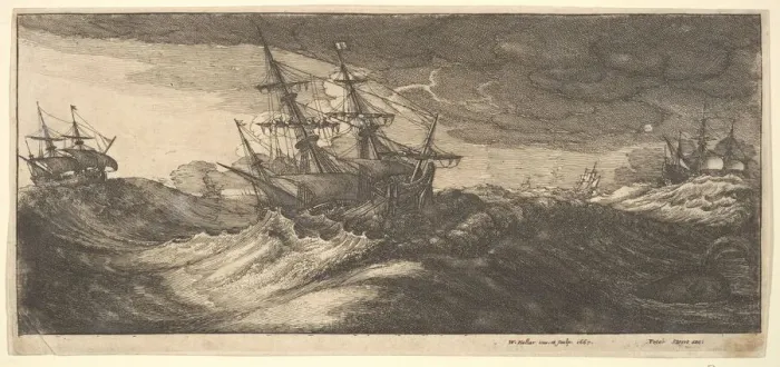 Framed Print : Warship and a spouting whale, 1665. Creator: Wenceslaus Hollar Framed Print : Warship and a spouting whale, 1665. Creator: Wenceslaus Hollar