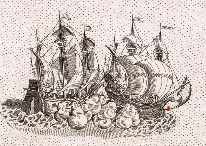 Framed Print : Two warships firing at each other, 1583. Creator: Christopher Saxton Framed Print : Two warships firing at each other, 1583. Creator: Christopher Saxton