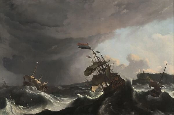 Warships in a Heavy Storm, c.1695. Creator: Ludolf Bakhuizen