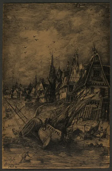 Framed Print : Washed Up Ships, 1864. Creator: Rodolphe Bresdin Framed Print : Washed Up Ships, 1864. Creator: Rodolphe Bresdin