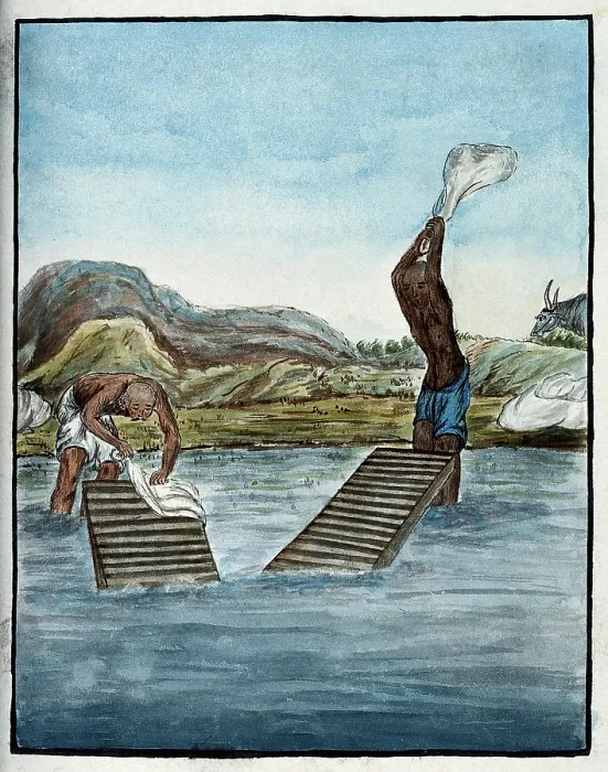 Framed Print : Two washer-men cleaning clothes by beating them against washing racks in a river. Creator: Unknown