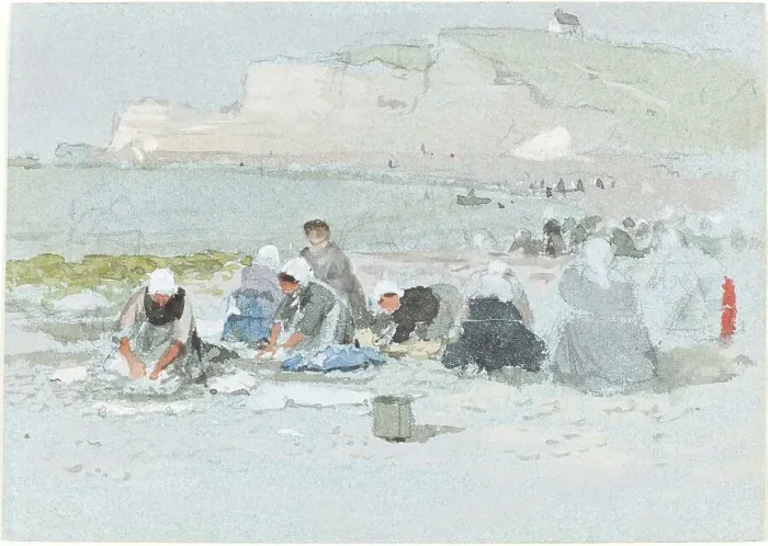 Framed Print : Washerwomen on the Beach at Etretat. Creator: George Henry Boughton Framed Print : Washerwomen on the Beach at Etretat. Creator: George Henry Boughton