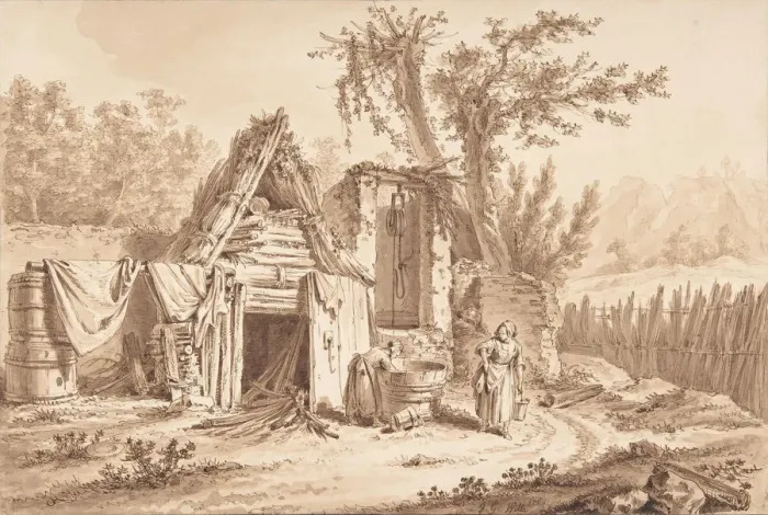 Framed Print : Washerwomen in Front of a Cottage, 1769. Creator: Johann Georg Wille Framed Print : Washerwomen in Front of a Cottage, 1769. Creator: Johann Georg Wille