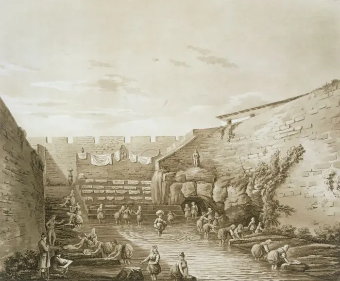 Framed Print : Washerwomen at the Fountain of Arethusa, pub. 1807. Creator: William Wilkins (1778-1839) Framed Print : Washerwomen at the Fountain of Arethusa, pub. 1807. Creator: William Wilkins (1778-1839)