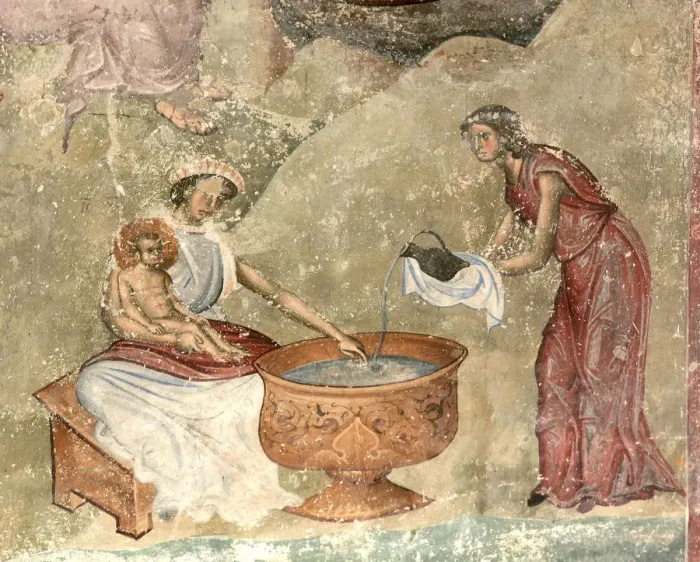 Framed Print : The washing of the child in the nativity scene, c. 1260-1270. Artist: Anonymous Framed Print : The washing of the child in the nativity scene, c. 1260-1270. Artist: Anonymous